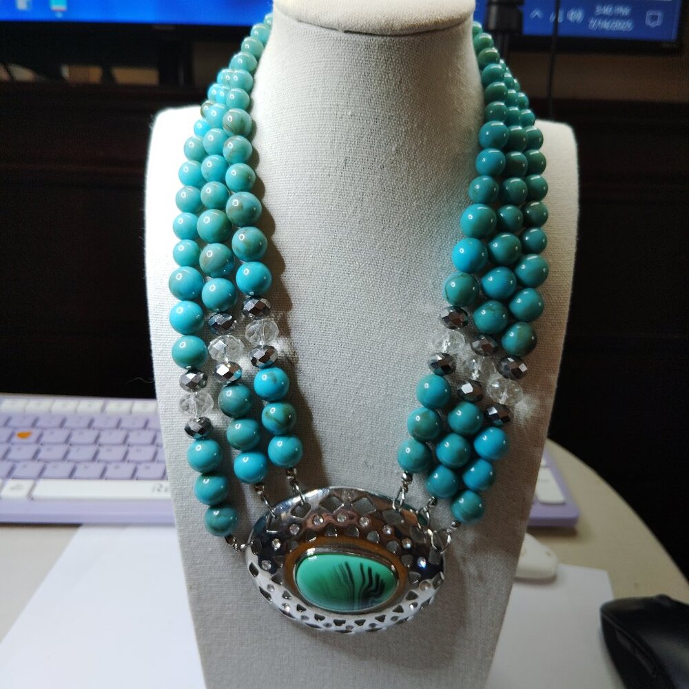 Boho Statement Necklace Faux Turquoise Acrylic Beads Silver Tone Pendant